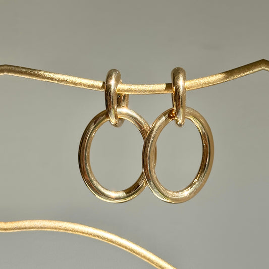 14KT Yellow Gold Tube Hoop Earrings with Large Oval Charms