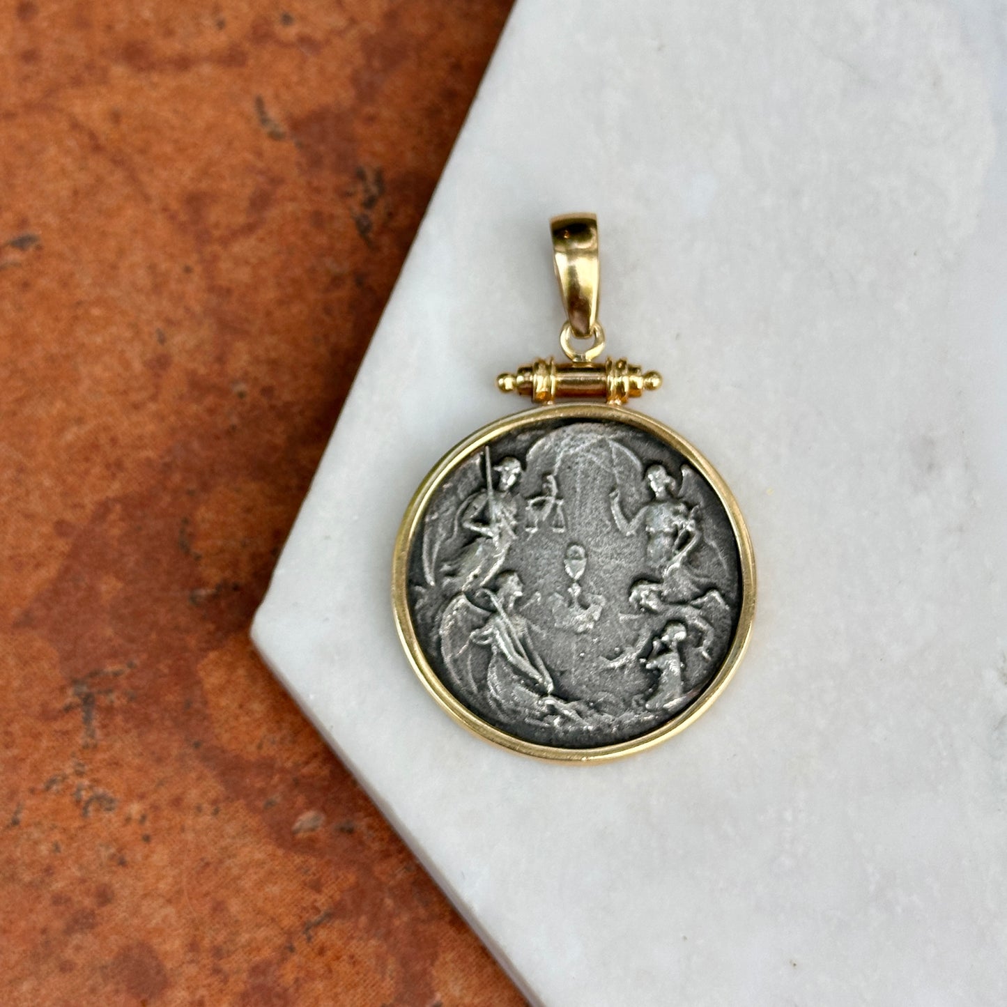 14KT Yellow Gold and Sterling Silver 4 Archangels Coin Bezel Pendant