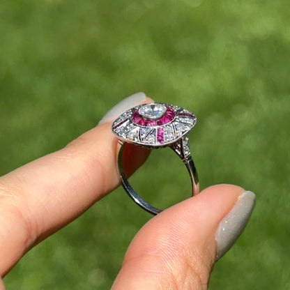 Platinum Art Deco Round Diamond + Square Ruby Ring