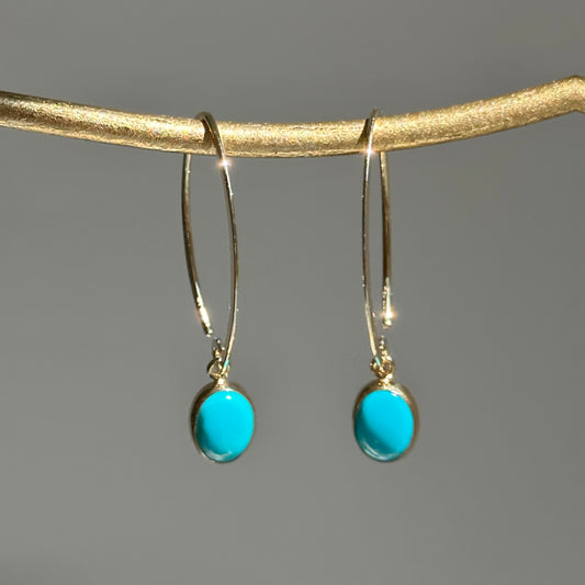 14KT Yellow Gold Oval Turquoise Theader Oval Wire Earrings