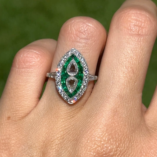 Platinum Art Deco Rose-Cut Pear Diamond + Square Emerald Ring