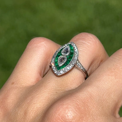 Platinum Art Deco Rose-Cut Pear Diamond + Square Emerald Ring