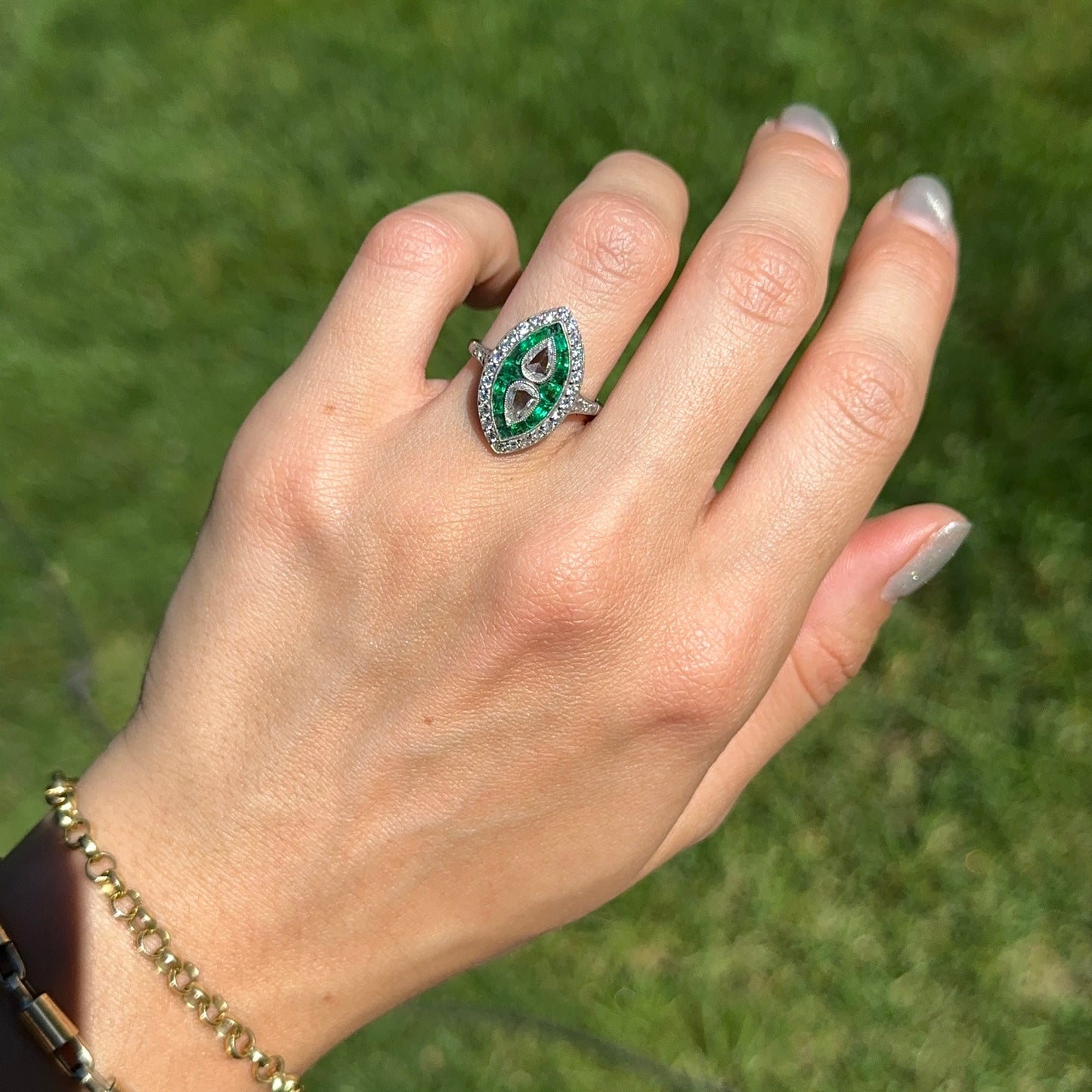 Platinum Art Deco Rose-Cut Pear Diamond + Square Emerald Ring