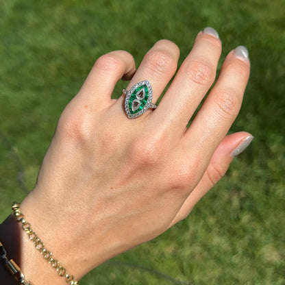 Platinum Art Deco Rose-Cut Pear Diamond + Square Emerald Ring