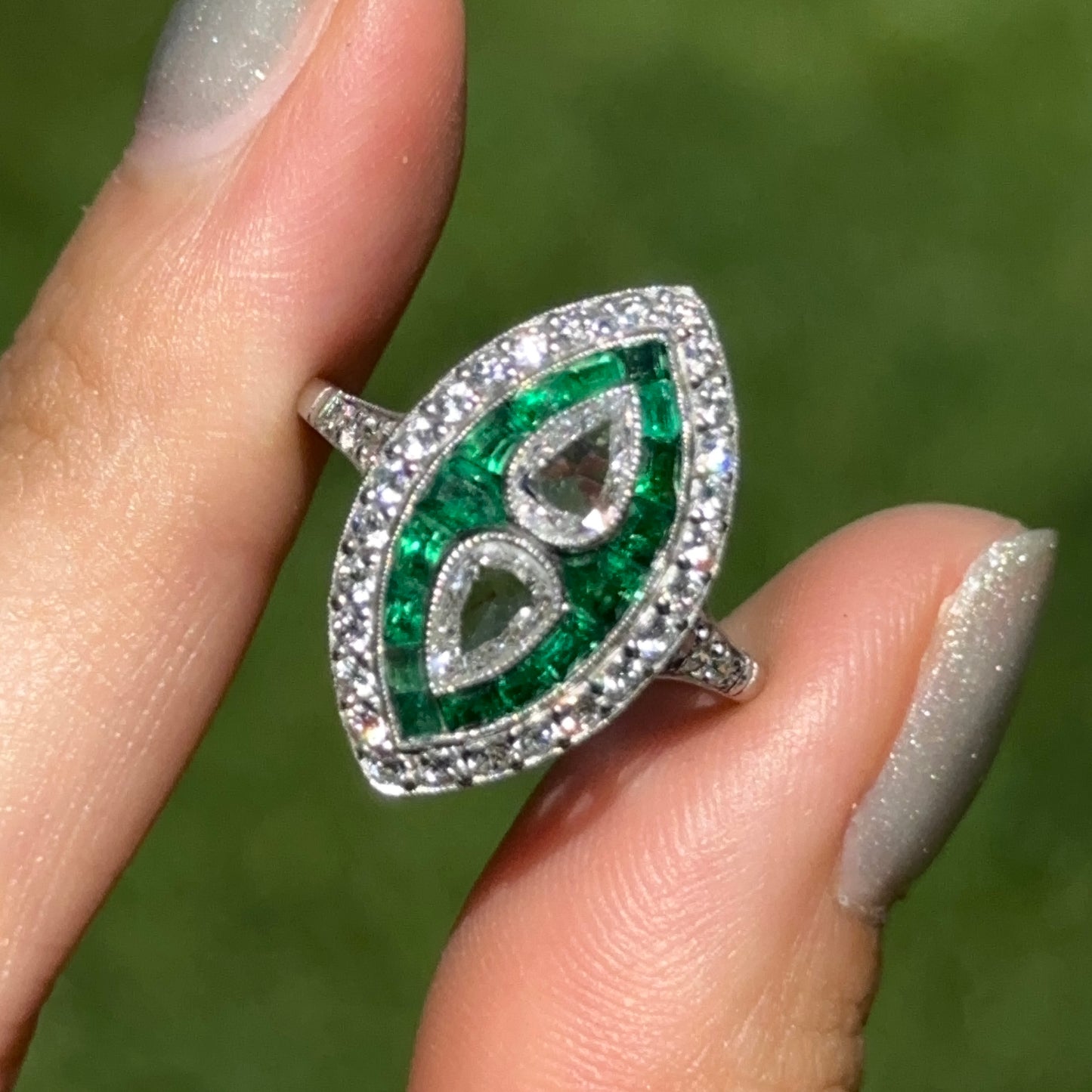 Platinum Art Deco Rose-Cut Pear Diamond + Square Emerald Ring