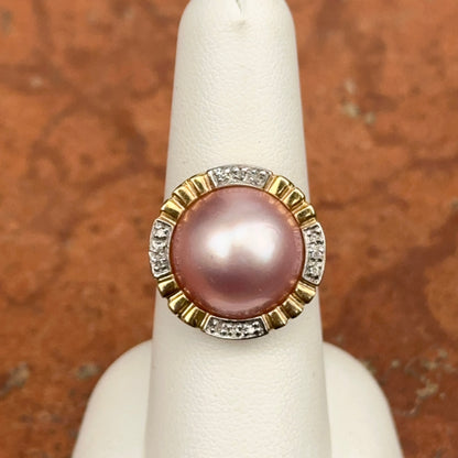 Estate 14KT Pink Mabe Pearl Bezel Set + Diamond Ring