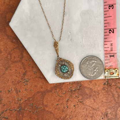 Estate Yellow Gold Round Blue Zircon + Single Cut Diamond Filigree Chain Link Necklace