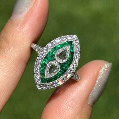 Platinum Art Deco Rose-Cut Pear Diamond + Square Emerald Ring