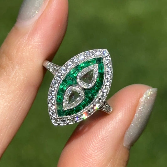 Platinum Art Deco Rose-Cut Pear Diamond + Square Emerald Ring