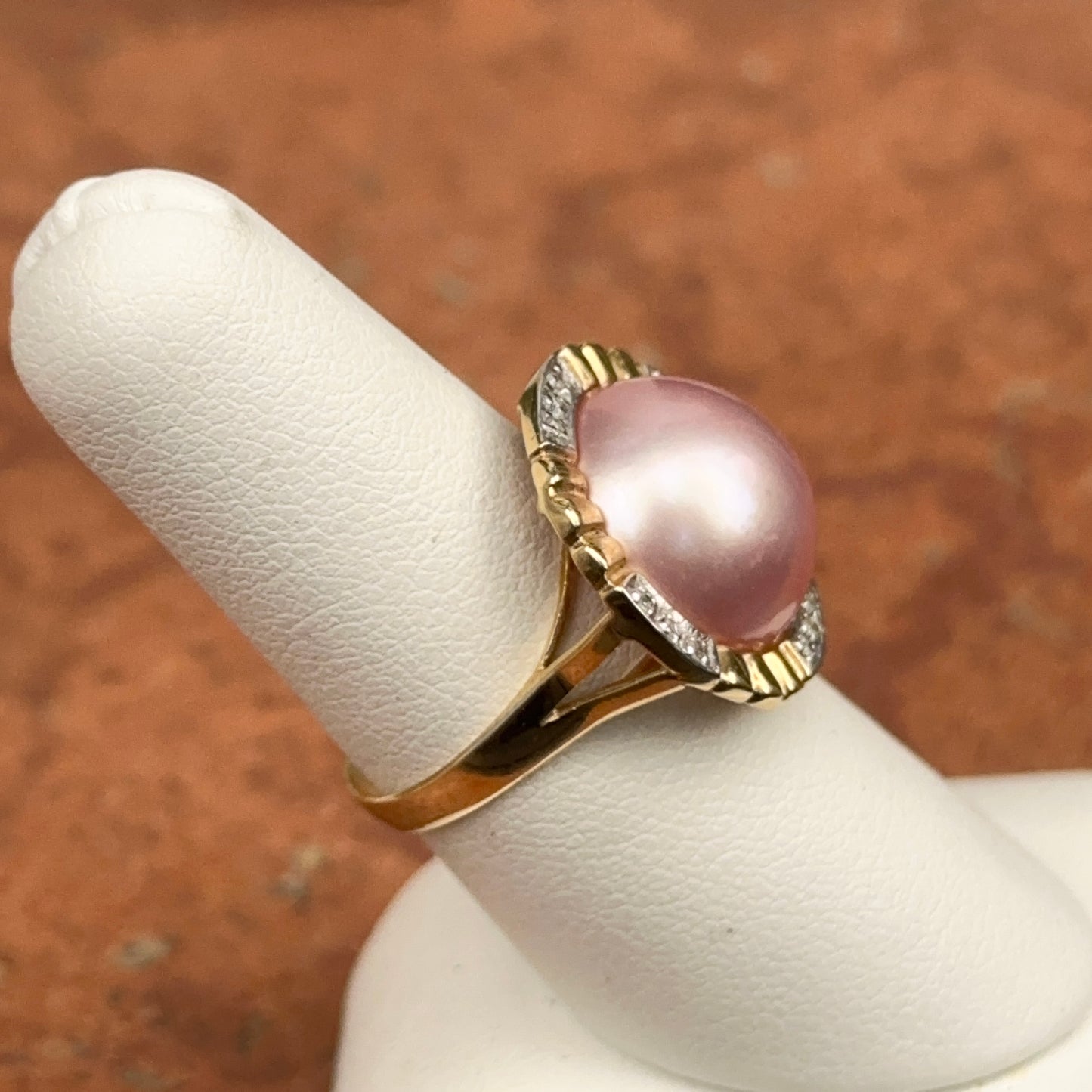 Estate 14KT Pink Mabe Pearl Bezel Set + Diamond Ring