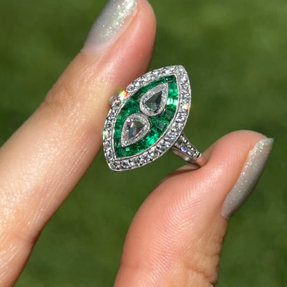 Platinum Art Deco Rose-Cut Pear Diamond + Square Emerald Ring