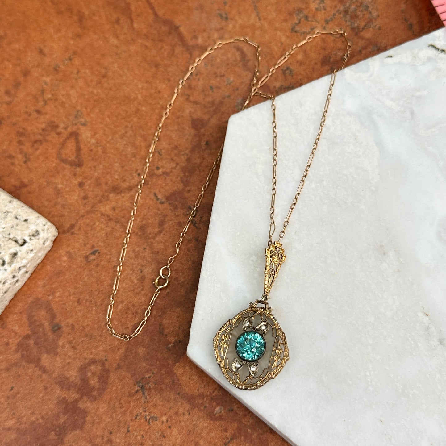 Estate Yellow Gold Round Blue Zircon + Single Cut Diamond Filigree Chain Link Necklace