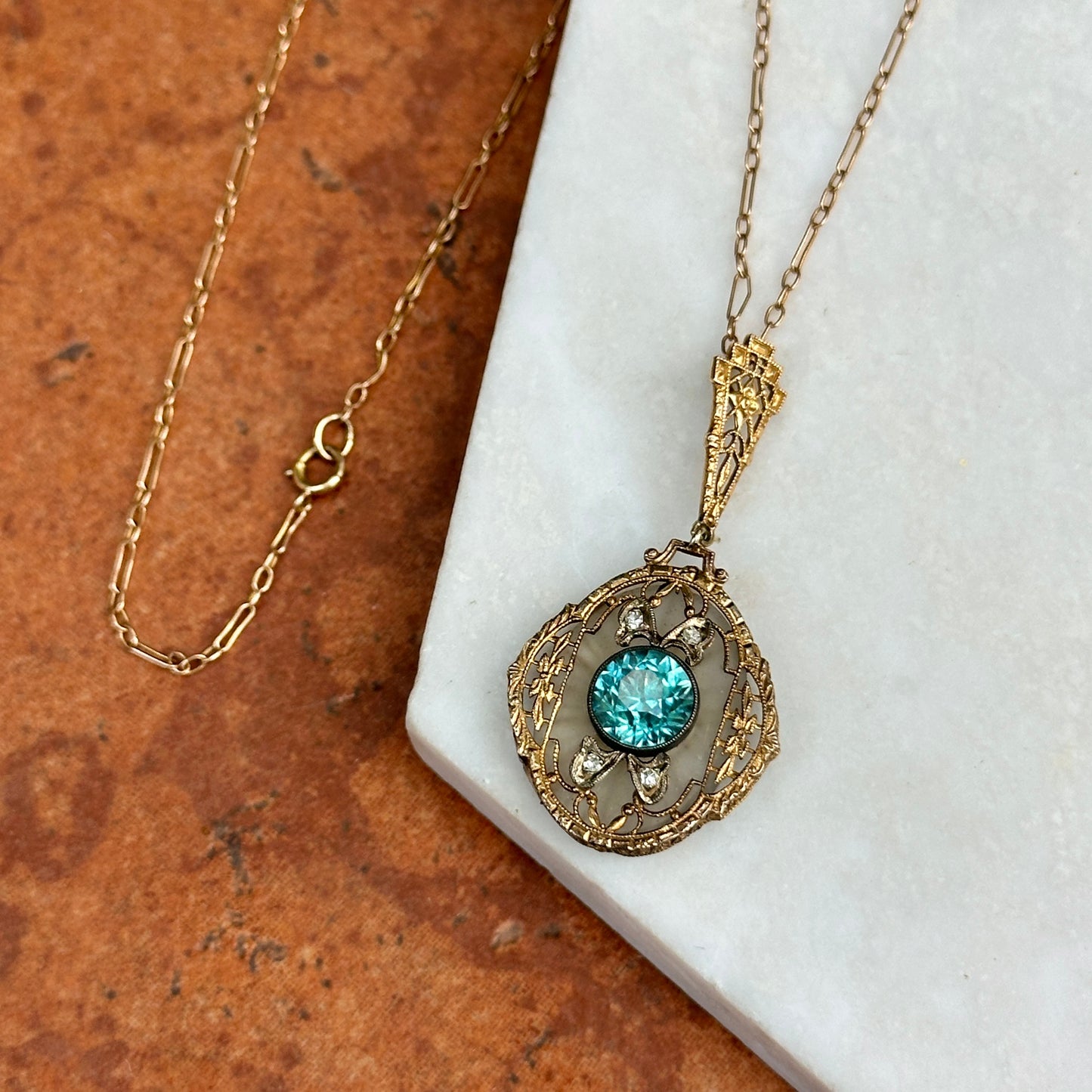 Estate Yellow Gold Round Blue Zircon + Single Cut Diamond Filigree Chain Link Necklace
