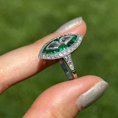 Platinum Art Deco Rose-Cut Pear Diamond + Square Emerald Ring