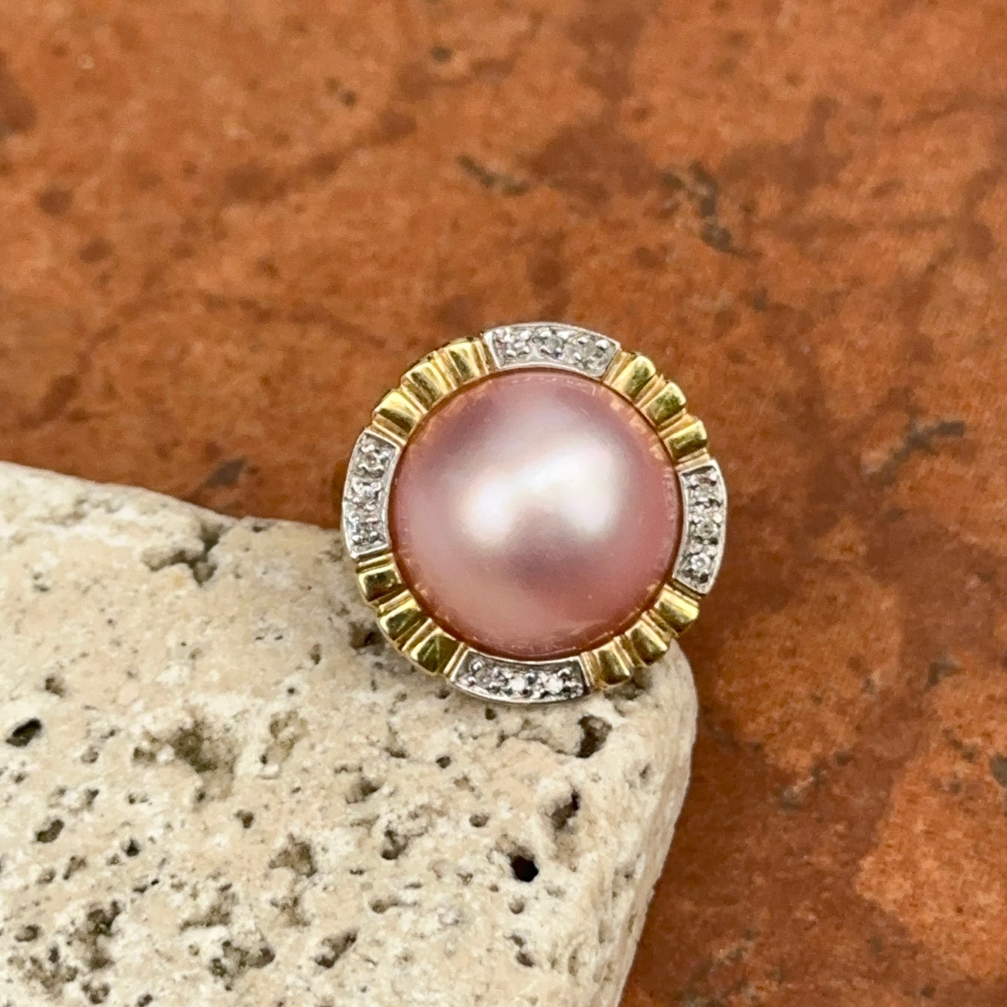 Estate 14KT Pink Mabe Pearl Bezel Set + Diamond Ring