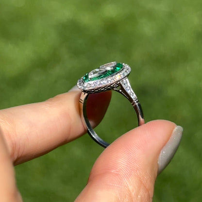 Platinum Art Deco Rose-Cut Pear Diamond + Square Emerald Ring