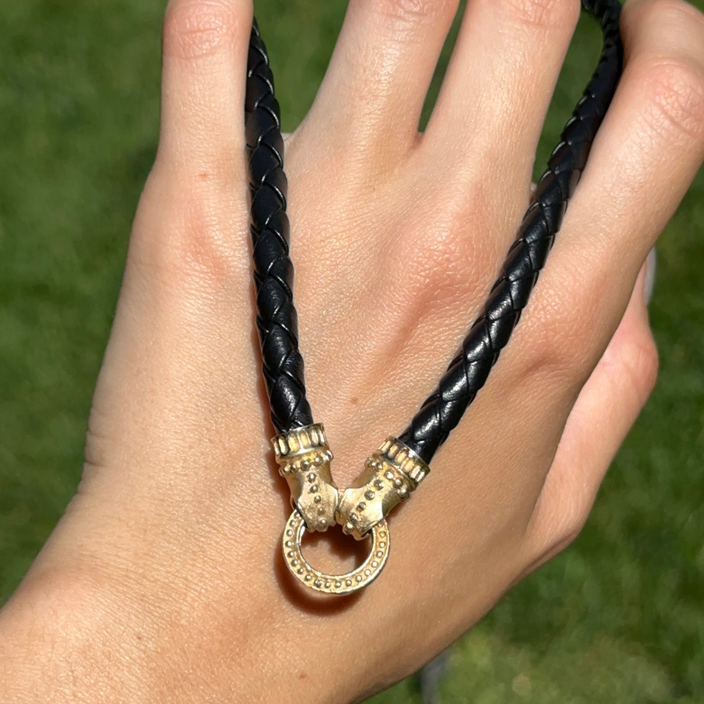 Estate 14KT Yellow Gold Black Braided Leather Byzantine Ring Clasp Necklace