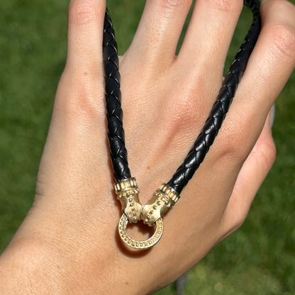 Estate 14KT Yellow Gold Black Braided Leather Byzantine Ring Clasp Necklace