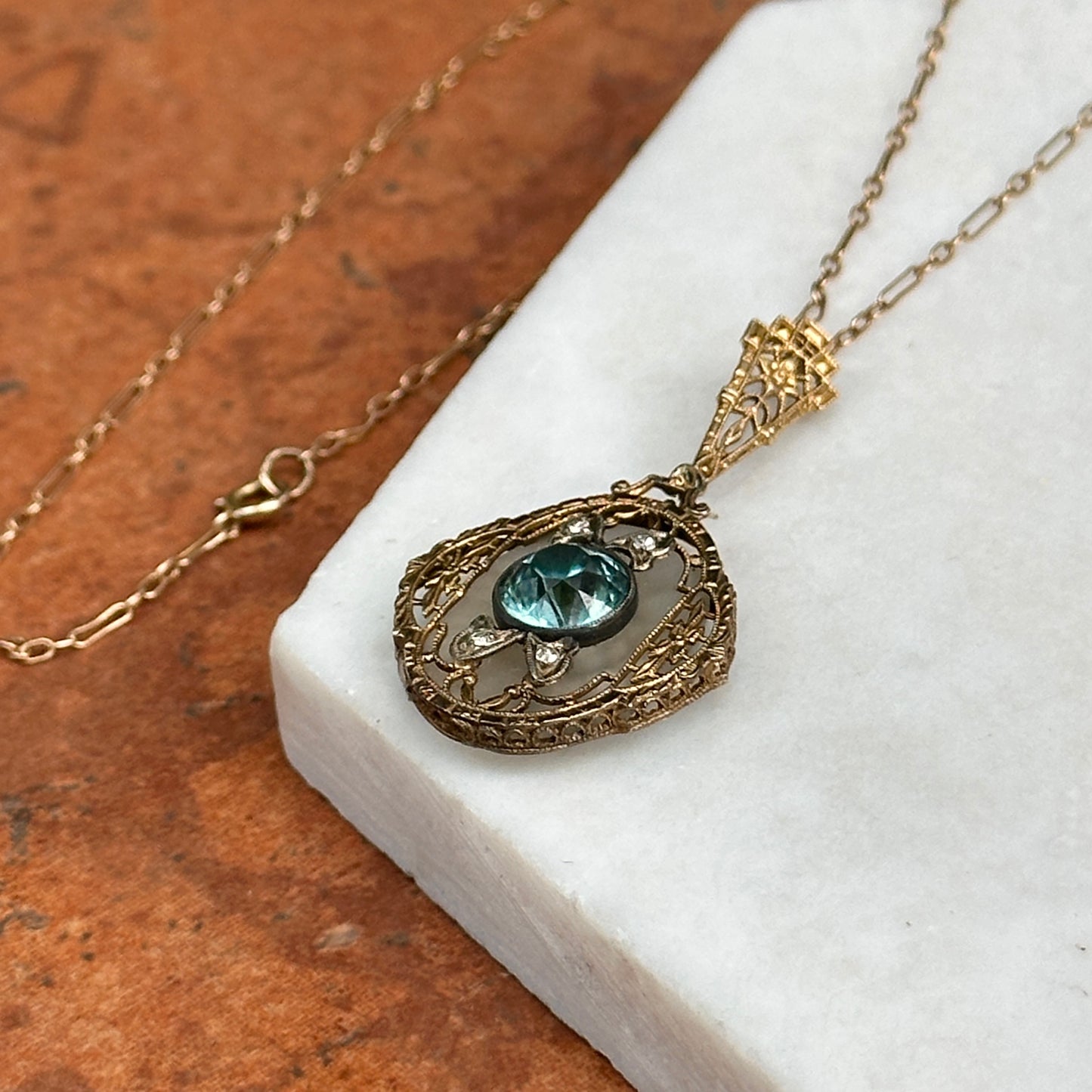 Estate Yellow Gold Round Blue Zircon + Single Cut Diamond Filigree Chain Link Necklace