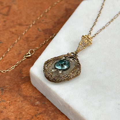 Estate Yellow Gold Round Blue Zircon + Single Cut Diamond Filigree Chain Link Necklace