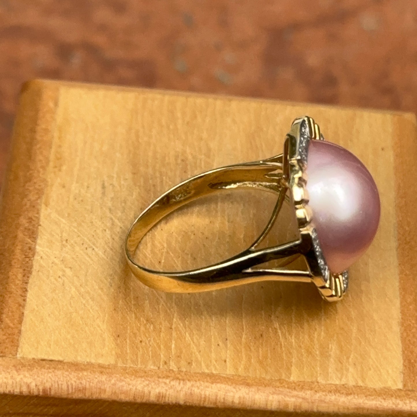 Estate 14KT Pink Mabe Pearl Bezel Set + Diamond Ring