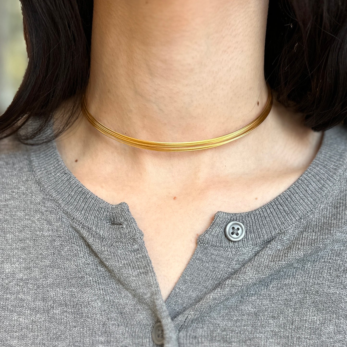 18KT Gold Plated Stainless Steel 15-Strand Wire Collar Necklace Alligator Clasp