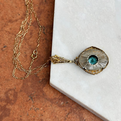 Estate Yellow Gold Round Blue Zircon + Single Cut Diamond Filigree Chain Link Necklace