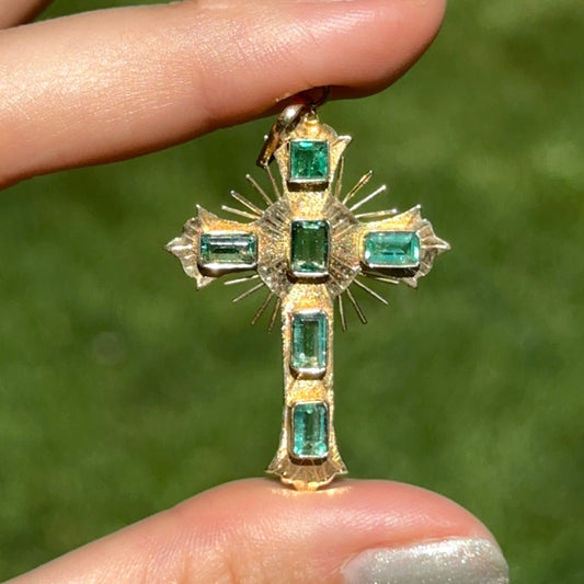 Estate 18KT Yellow Gold Emerald Ornate Cross Pendant 45mm