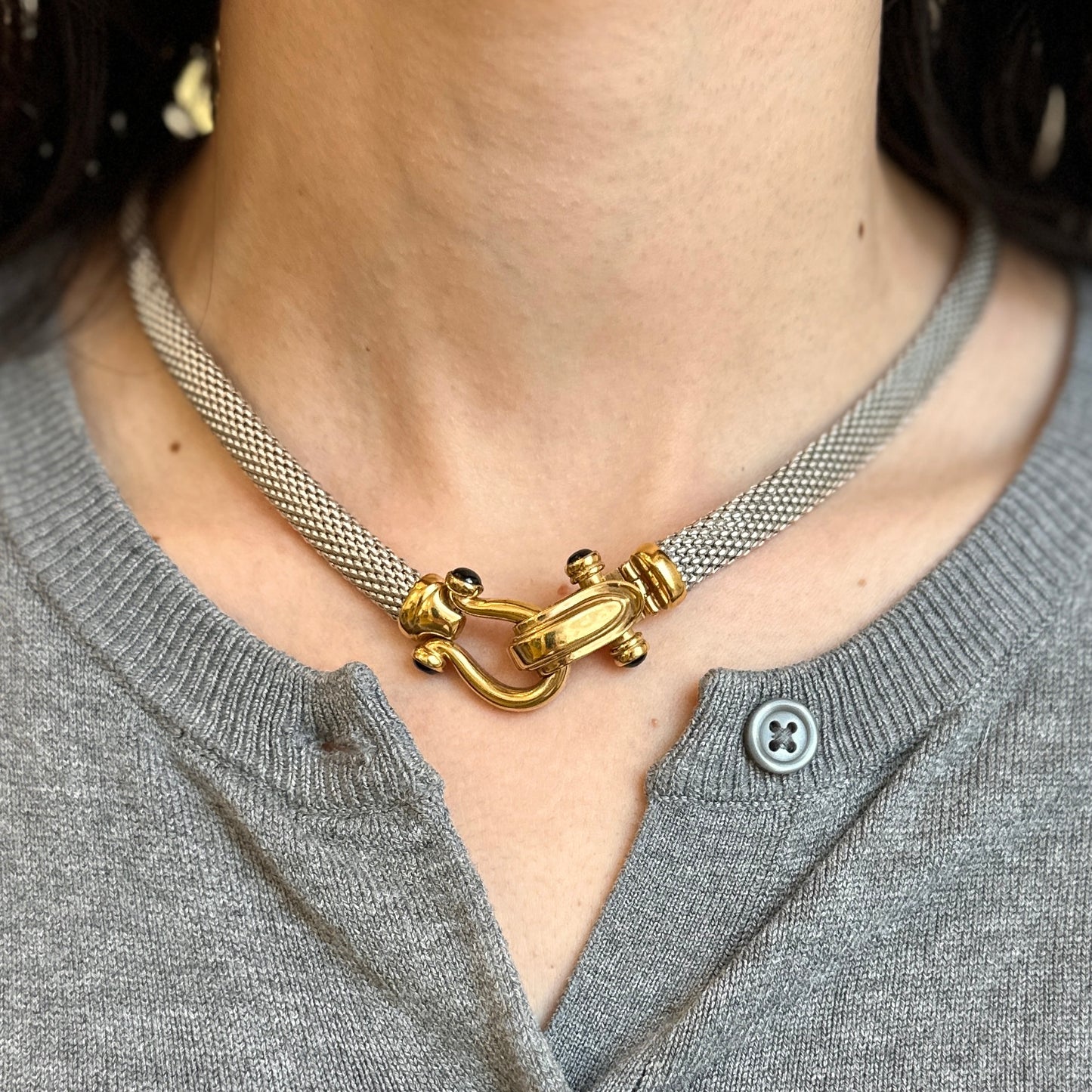 Estate 14KT Yellow Plated + Sterling Silver Weave Chain Horse Bit Onyx Caps Necklace