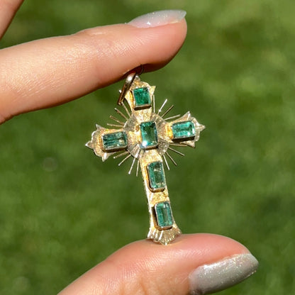 Estate 18KT Yellow Gold Emerald Ornate Cross Pendant 45mm