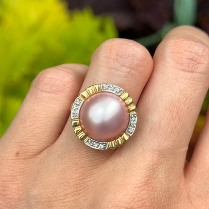 Estate 14KT Pink Mabe Pearl Bezel Set + Diamond Ring