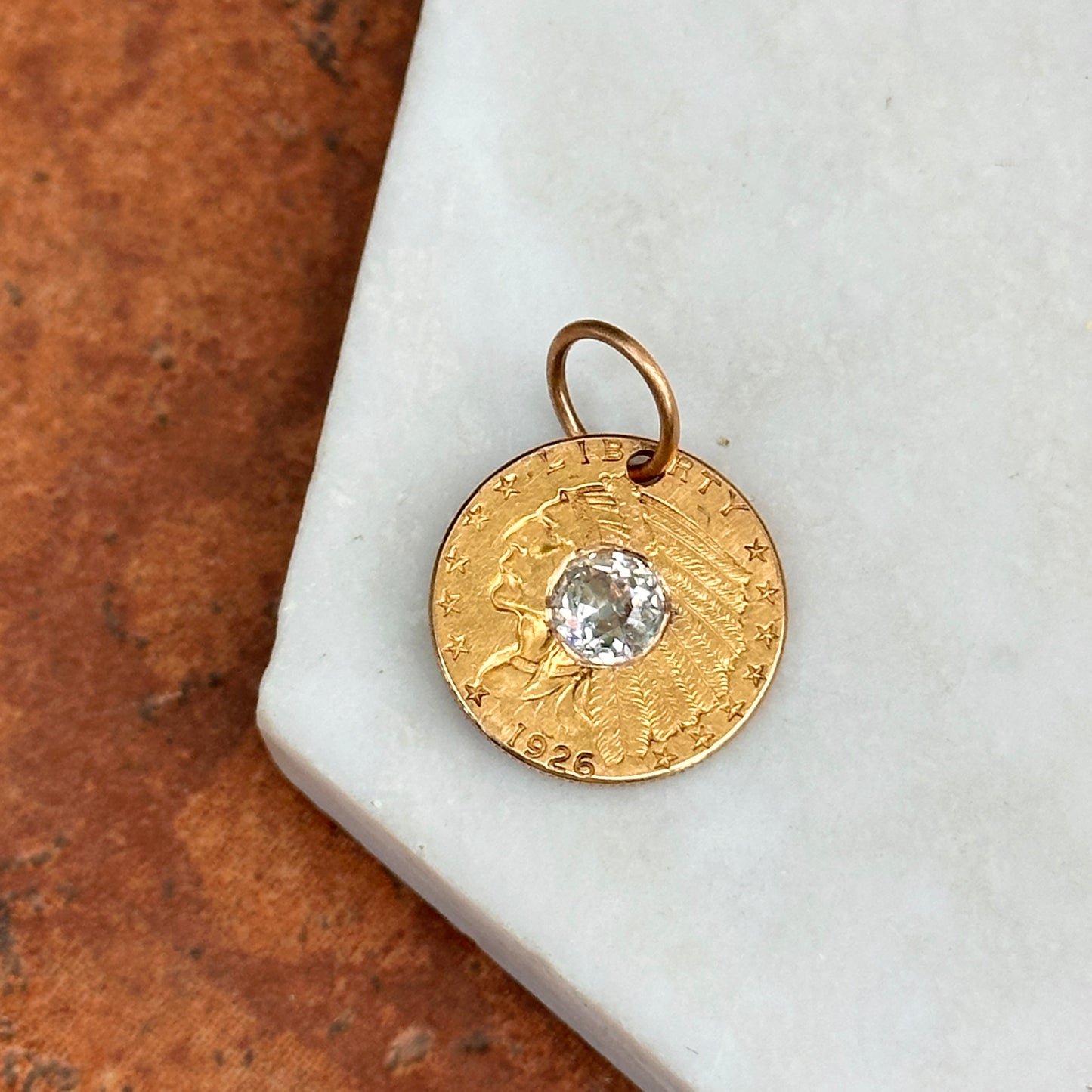 Estate 5Yellow Gold 1926 Native American Head Coin + Eagle Old Mine Cut Diamond Pendant