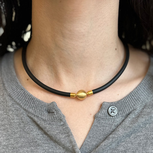 Gold Plated Steel + 5mm Black Nitrile Rubber Swap Necklace No Clasp 16”