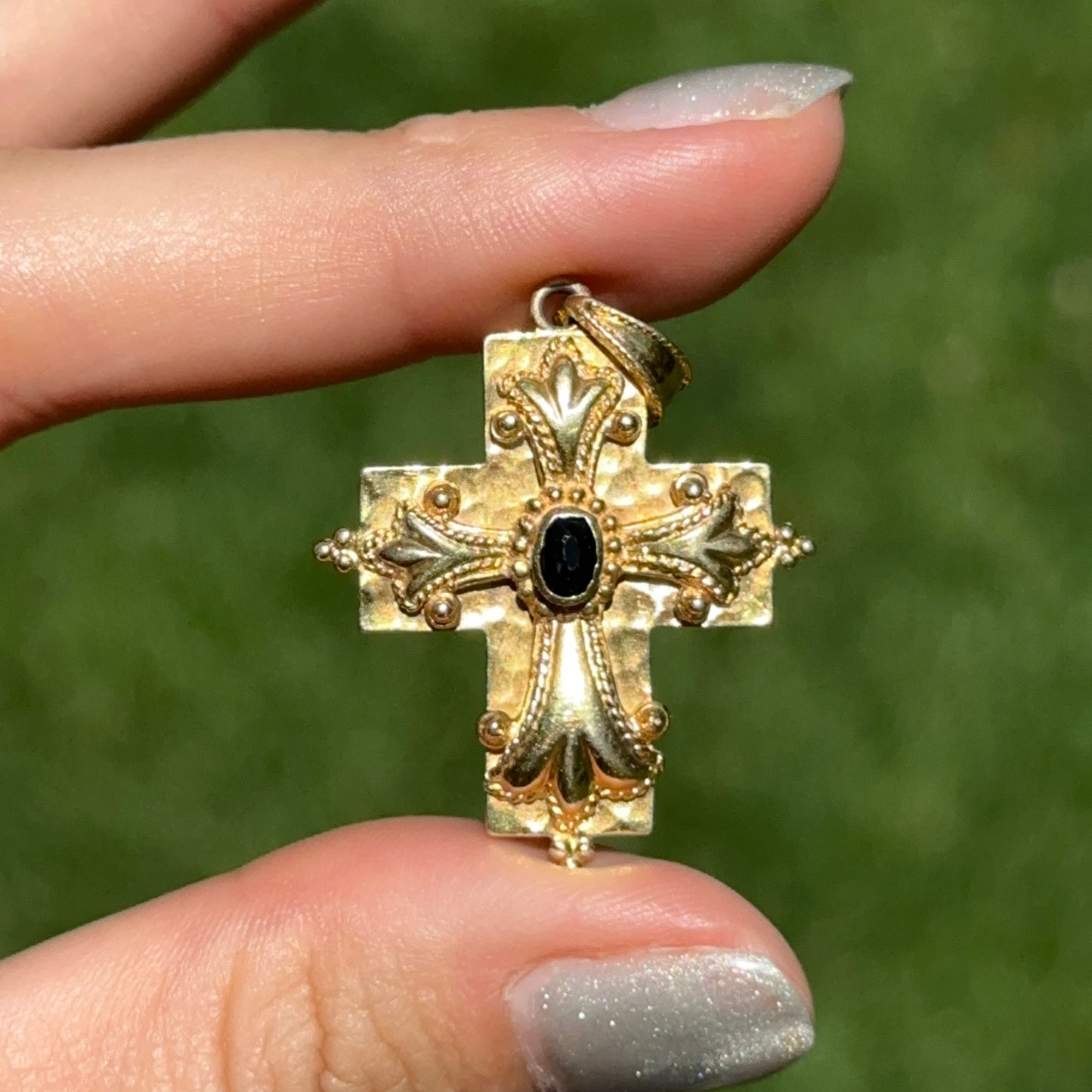 Estate 14KT Yellow Gold Byzantine Blue Sapphire Cross Pendant
