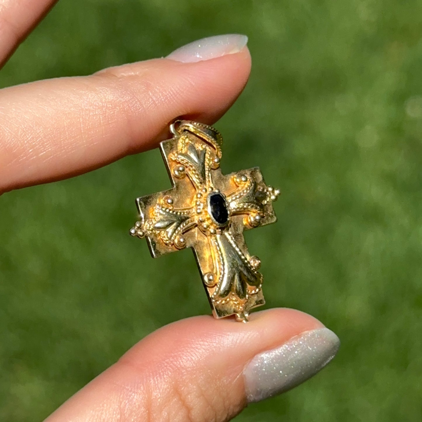 Estate 14KT Yellow Gold Byzantine Blue Sapphire Cross Pendant