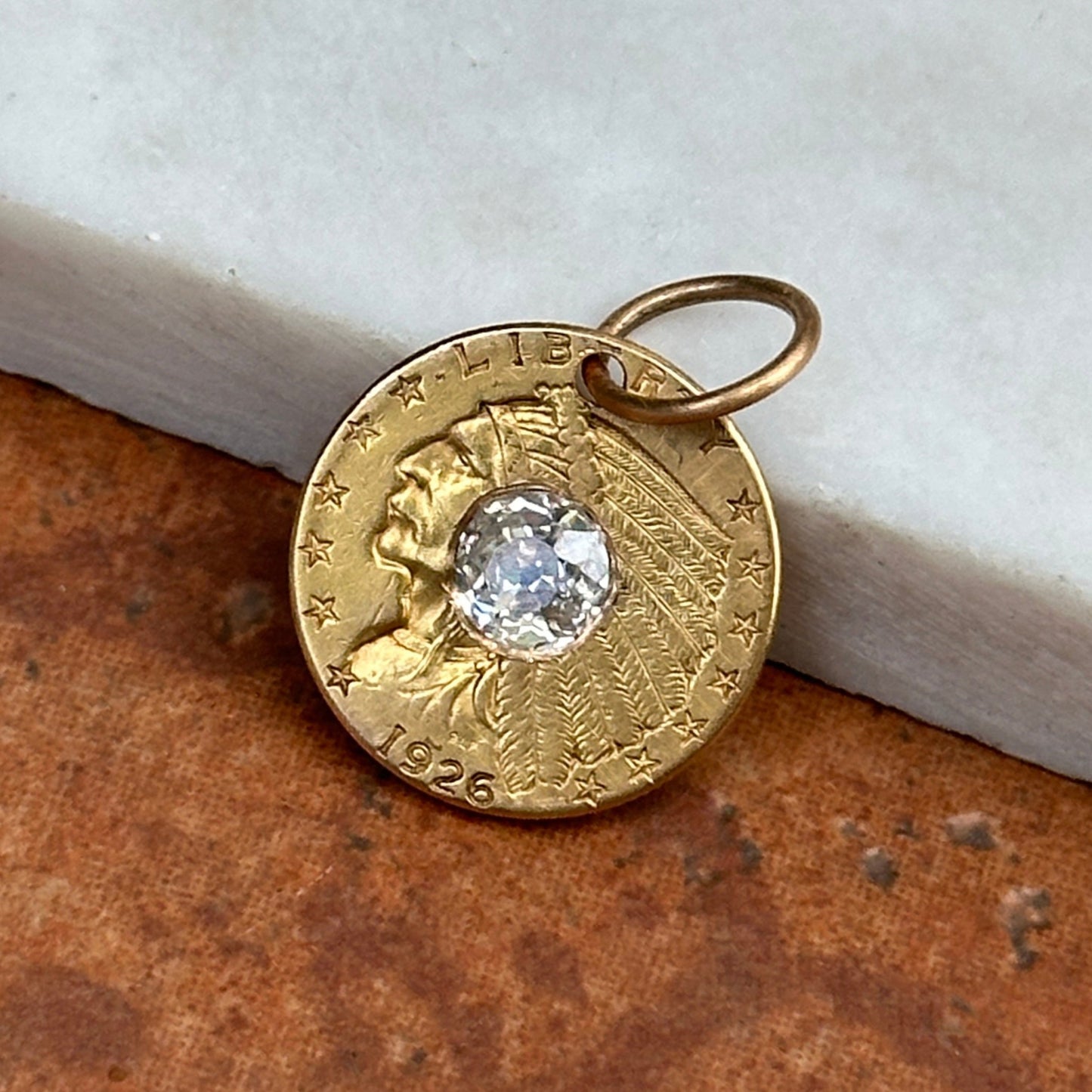 Estate 5Yellow Gold 1926 Native American Head Coin + Eagle Old Mine Cut Diamond Pendant