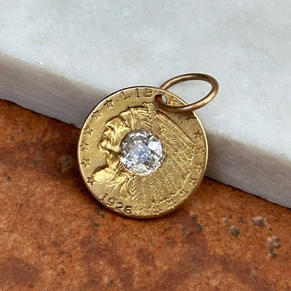 Estate 5Yellow Gold 1926 Native American Head Coin + Eagle Old Mine Cut Diamond Pendant
