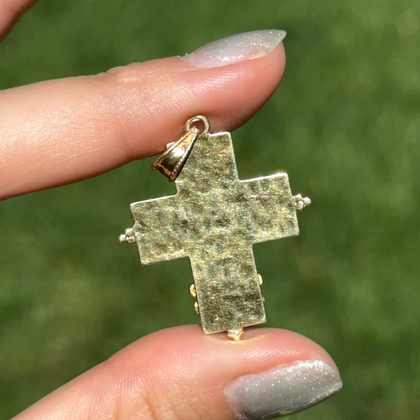 Estate 14KT Yellow Gold Byzantine Blue Sapphire Cross Pendant
