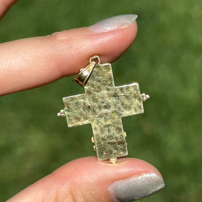 Estate 14KT Yellow Gold Byzantine Blue Sapphire Cross Pendant