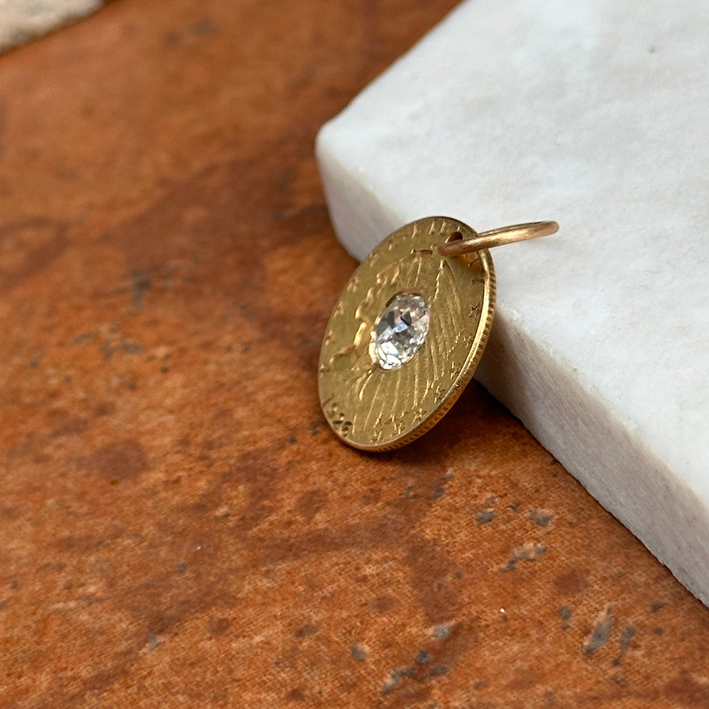 Estate 5Yellow Gold 1926 Native American Head Coin + Eagle Old Mine Cut Diamond Pendant