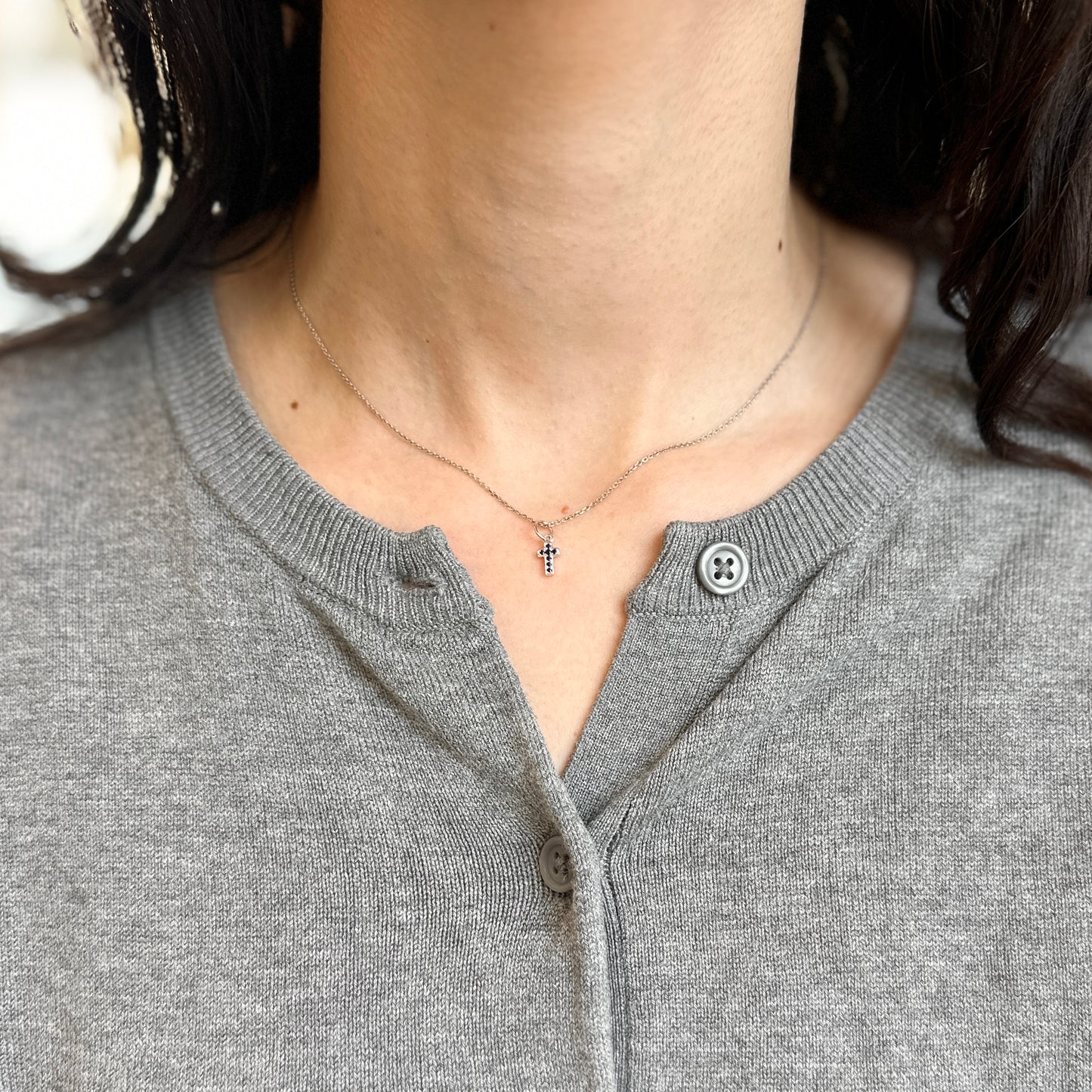 14KT White Gold Mini Blue Sapphire Cross Charm Pendant