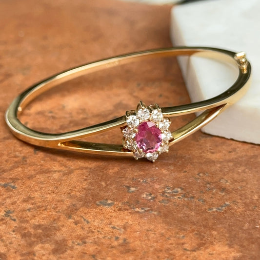 Estate AJ 14KT Yellow Gold Pink Tourmaline + Halo Diamond Bangle Bracelet