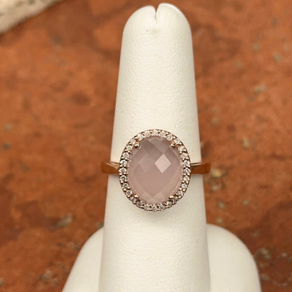 14KT Rose Gold Cabochon Rose Quartz + Diamonds Halo Band Ring