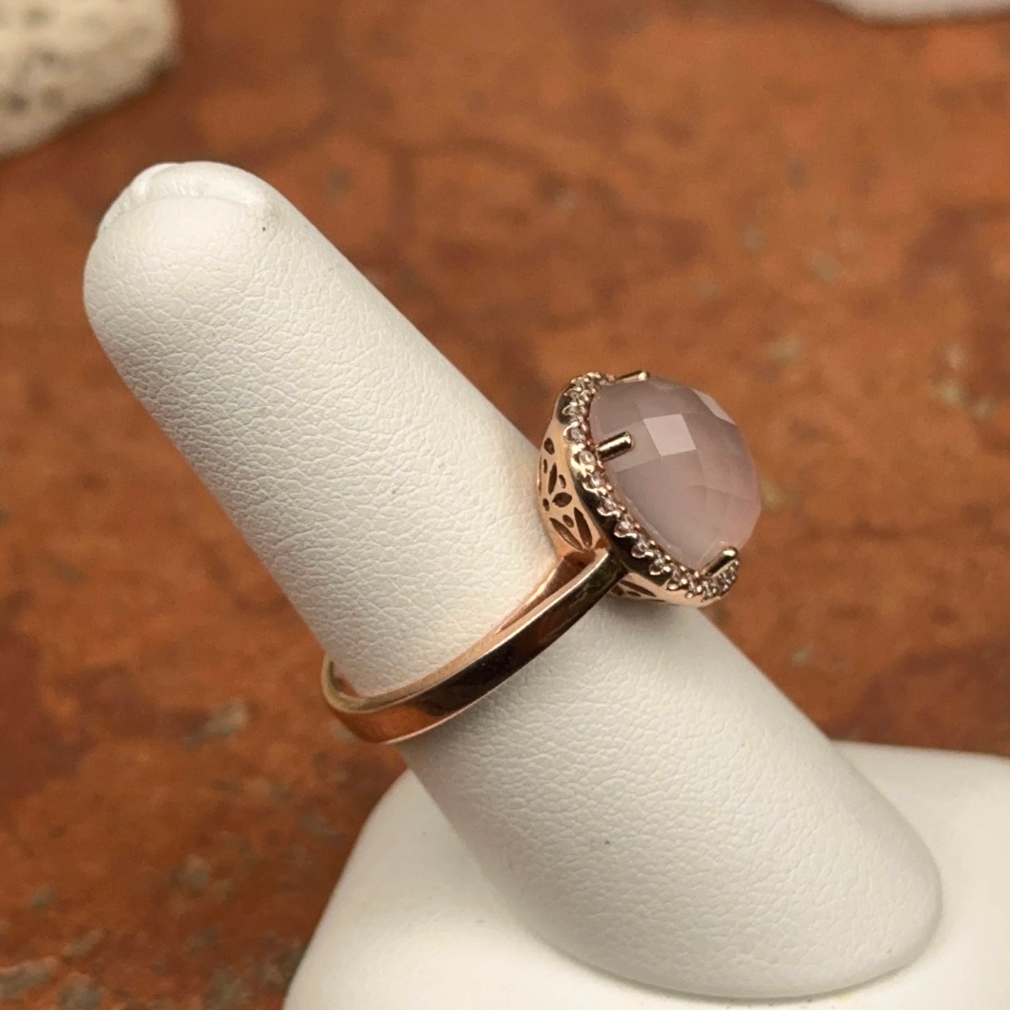 14KT Rose Gold Cabochon Rose Quartz + Diamonds Halo Band Ring