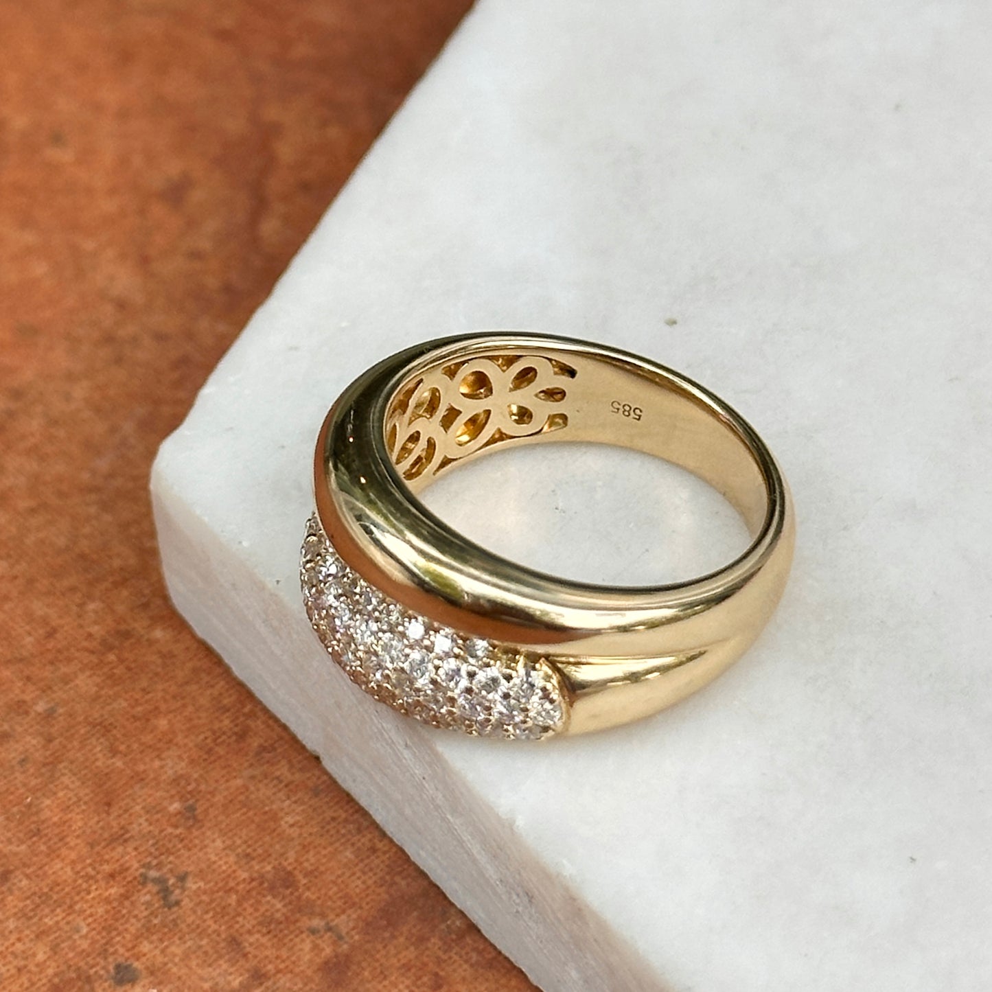 Estate 14KT Yellow Gold Domed Diamond Pave Wide Band Ring - LSJ