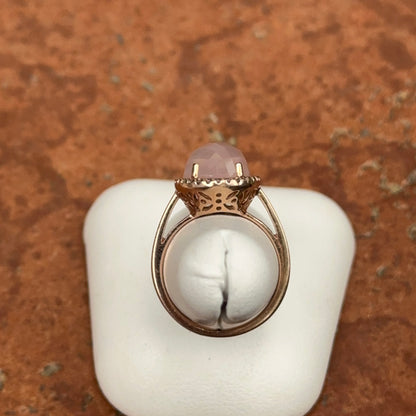 14KT Rose Gold Cabochon Rose Quartz + Diamonds Halo Band Ring