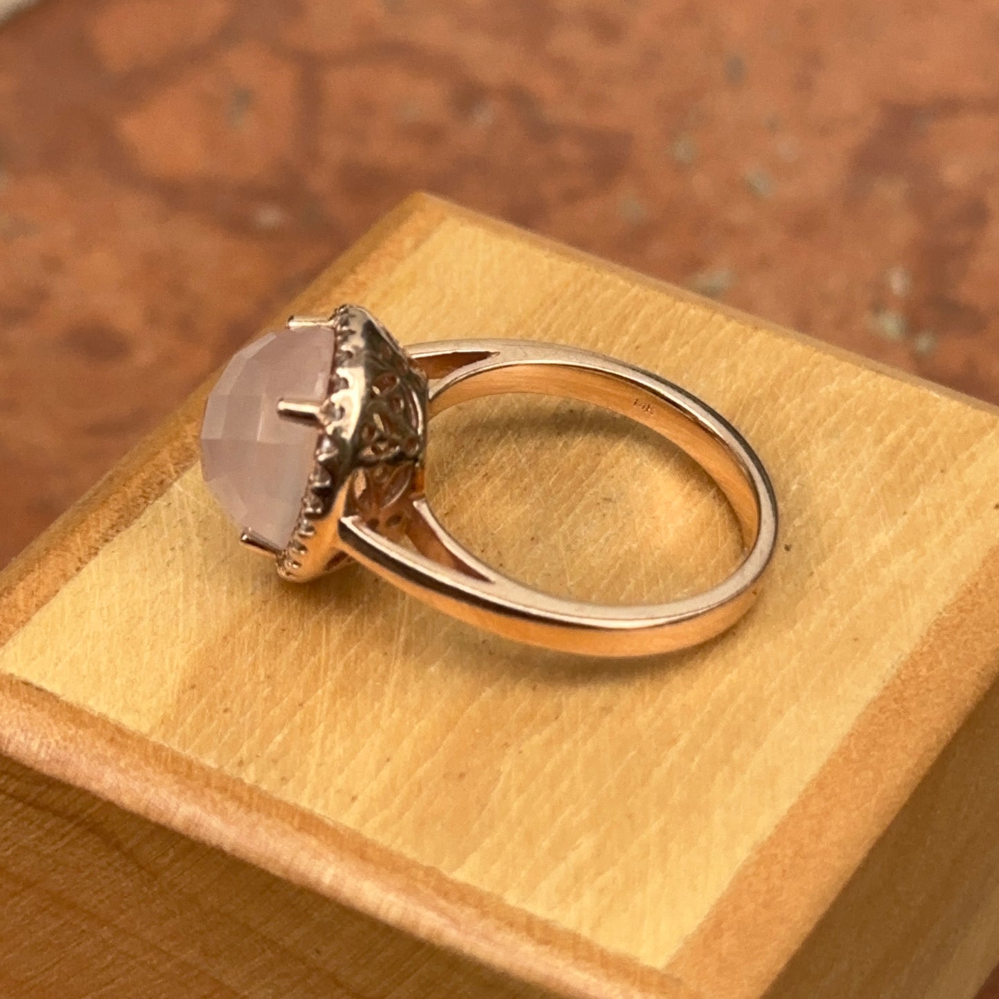 14KT Rose Gold Cabochon Rose Quartz + Diamonds Halo Band Ring