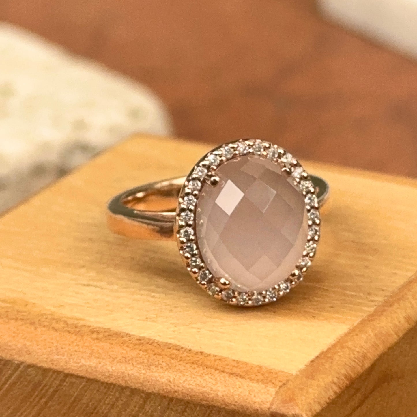 14KT Rose Gold Cabochon Rose Quartz + Diamonds Halo Band Ring