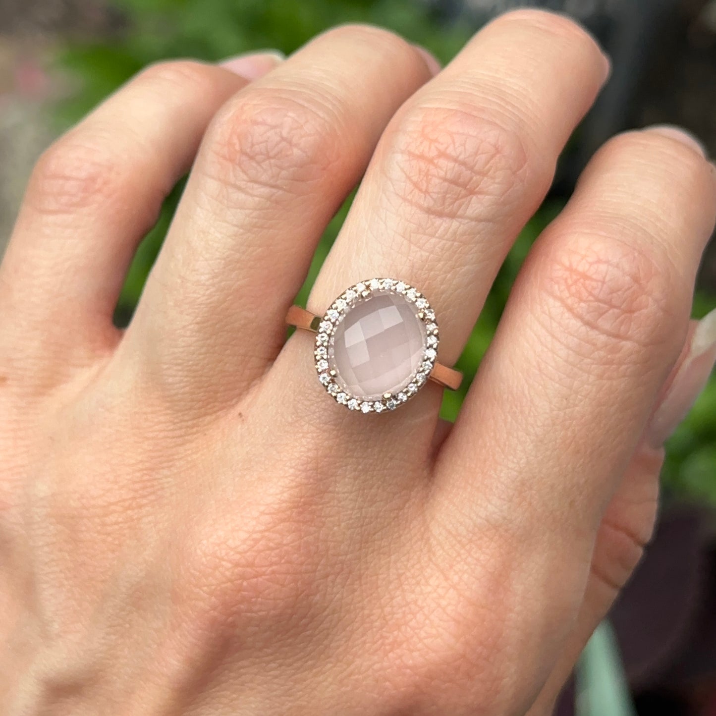 14KT Rose Gold Cabochon Rose Quartz + Diamonds Halo Band Ring