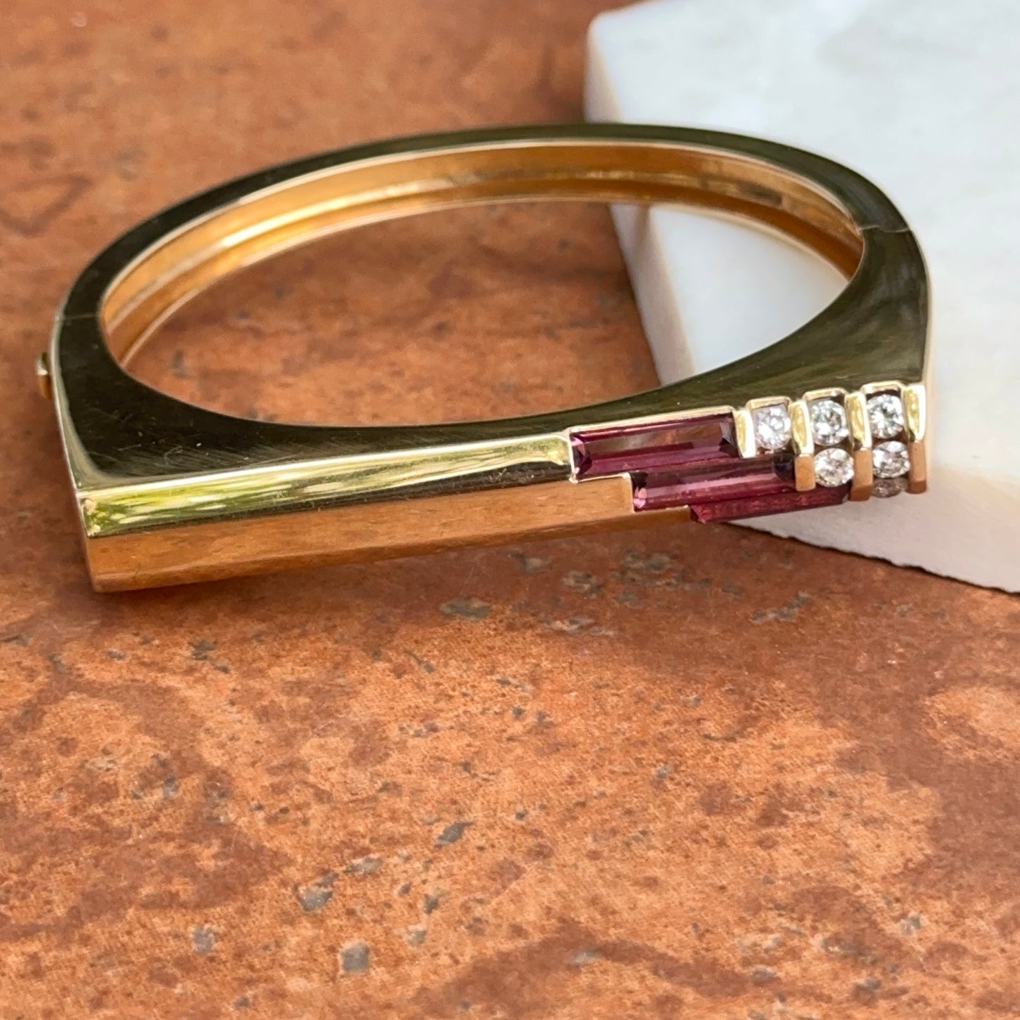 Estate Kabana 14KT Yellow Gold Rhodolite Garnet + Diamond Square Bangle Cuff Bracelet